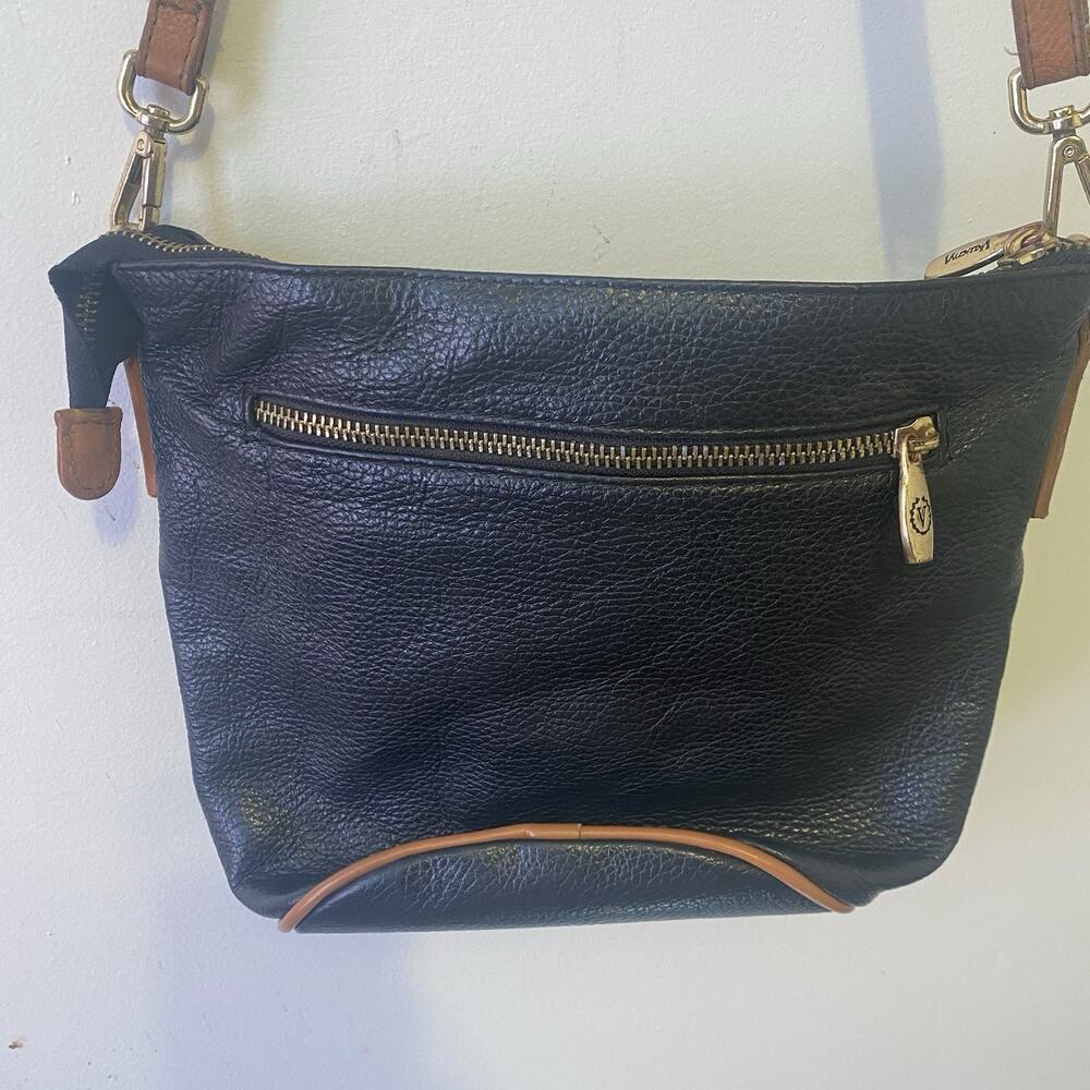 Valentina Logo Pebbled Black Brown Trim Leather Crossbody Bag Purse Italy Made - Picture 13 of 14